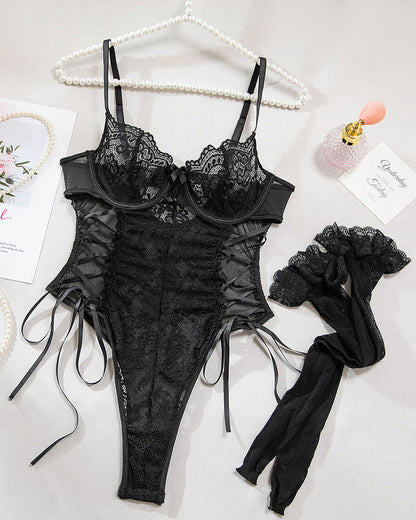 Christina™ | Virágmintás átlátszó csipkés body oldalsó masnival